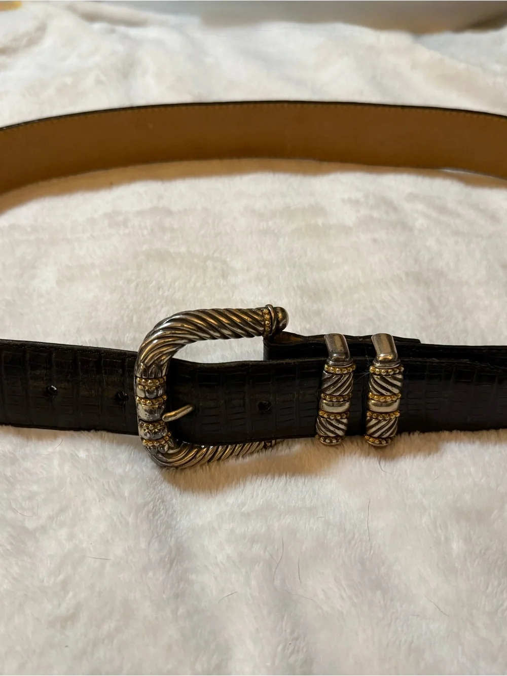 BrightTwo-Tone Gold & Silver Hoop Accent Black Leather Women’s Belt